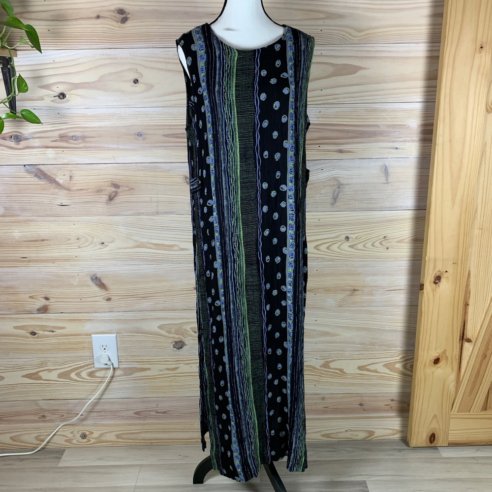Sag Harbor Maxi Dress Women Large Dark Stripe Rayon Crinkle Sleeveless Vtg 90s